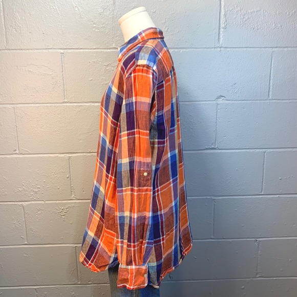 Lauren Ralph Lauren Plaid Linen Roll-Tab Sleeve Button Up Blouse Women's Large - Picture 7 of 9